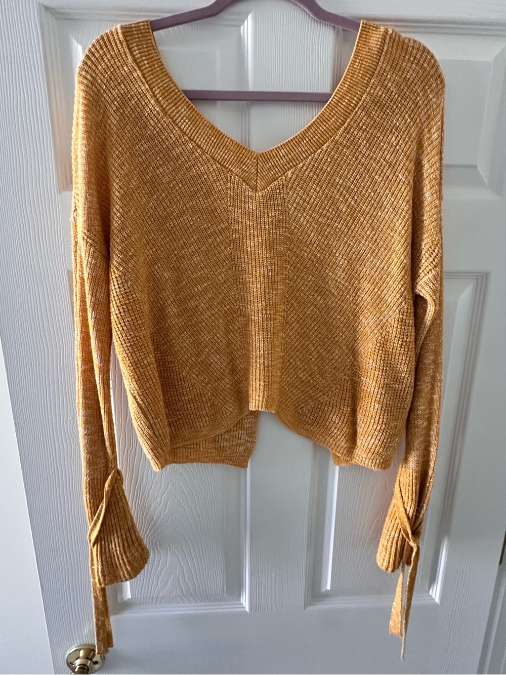 Express Mustard Yellow Marled Knit V-Neck Sweater Tie Sleeve Open Back